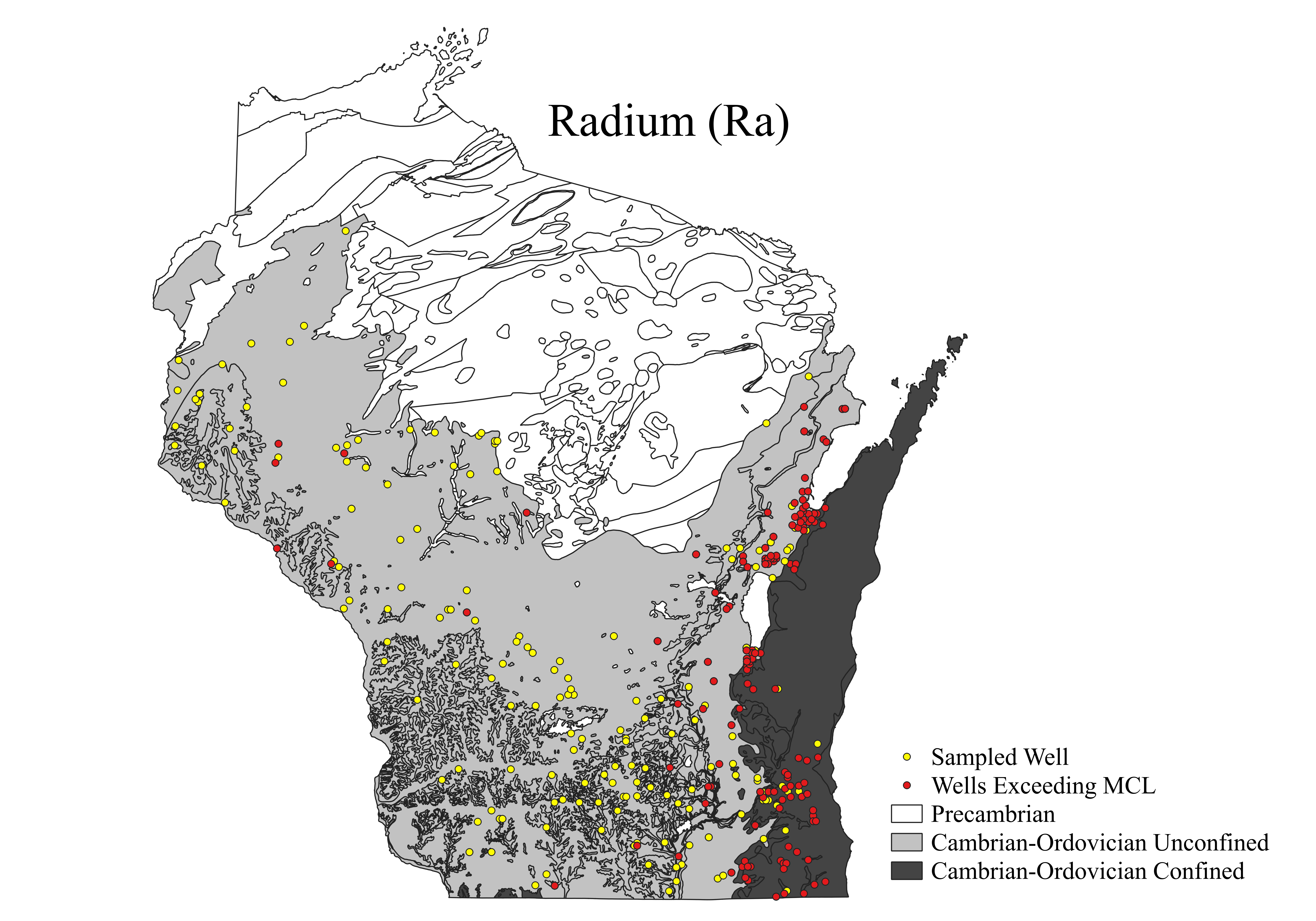Map of Wisconsin showing wells that exceed the maximum contaminant level for radium. Wells are concentrated in eastern Wisconsin.